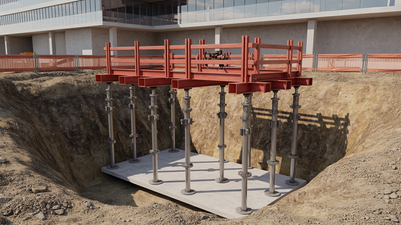 Hydraulic shoring system stabilizing trench walls.