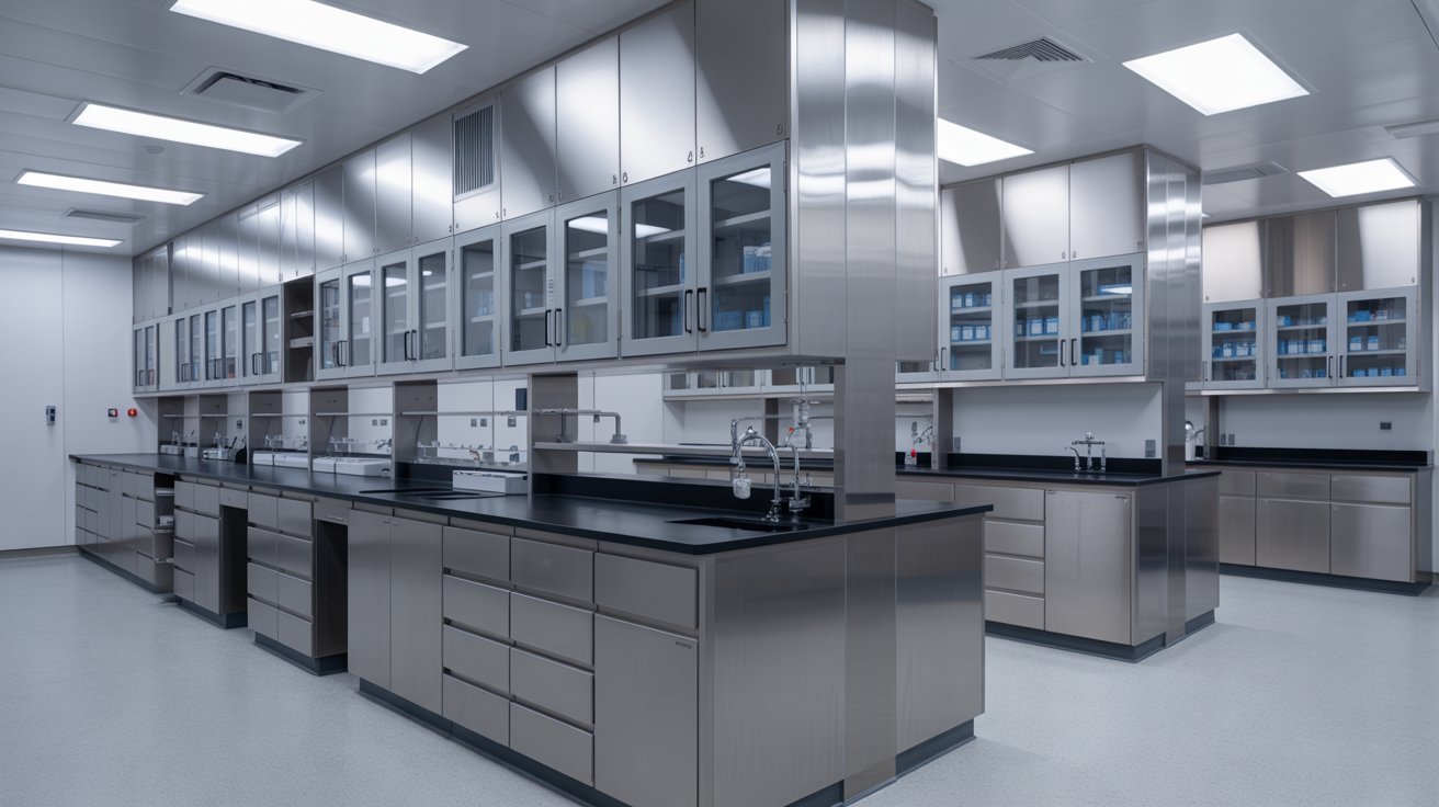Healthcare and laboratory casework with durable cabinets and workstations.