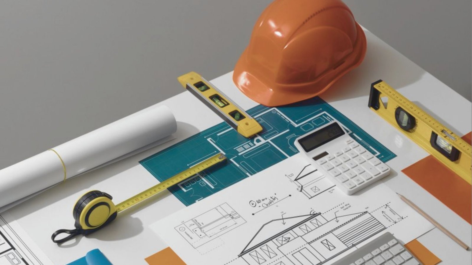 A variety of construction and design tools arranged on a table, including rulers, pencils, and blueprints.