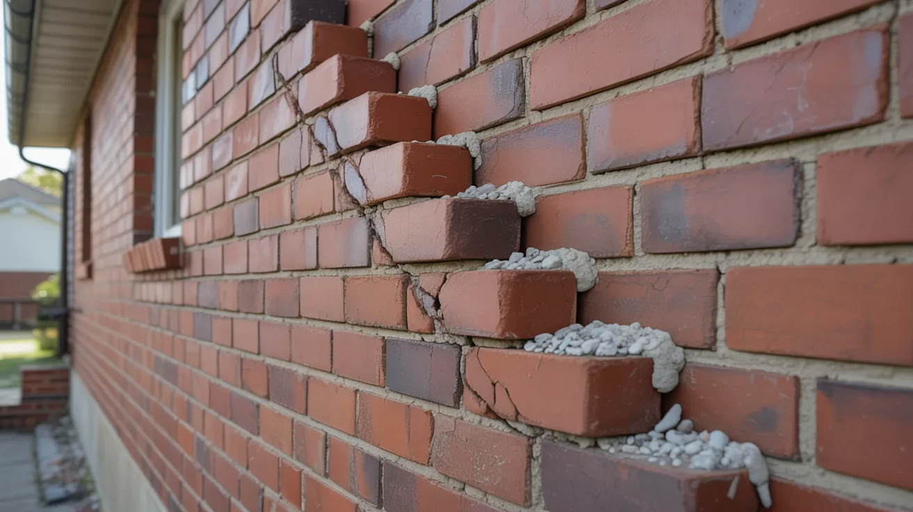 Stair-step cracks running through mortar joints in a residential brick wall