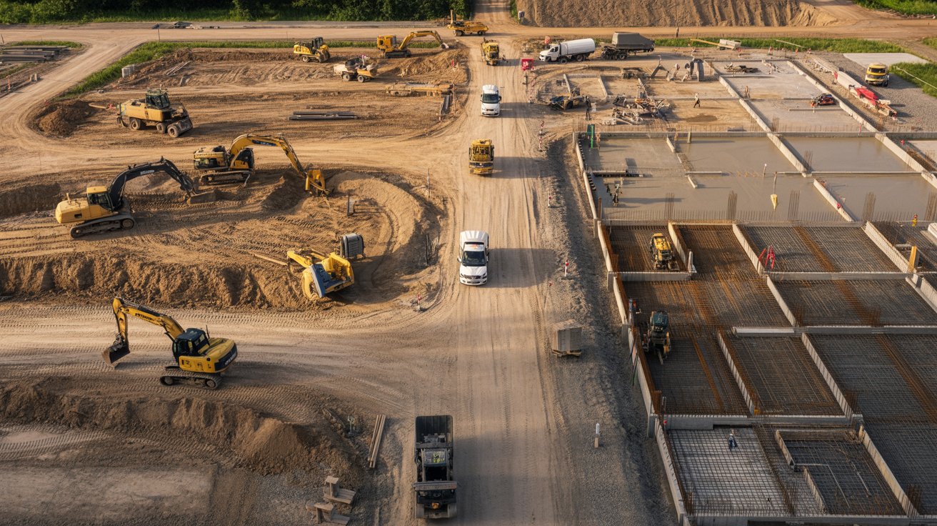Different stages of construction site preparation over time.