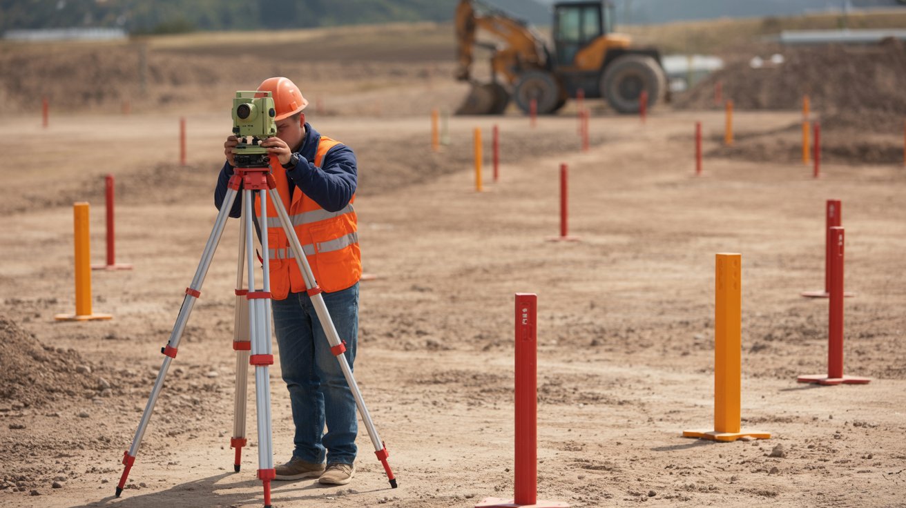Surveyor measuring land boundaries for construction planning.