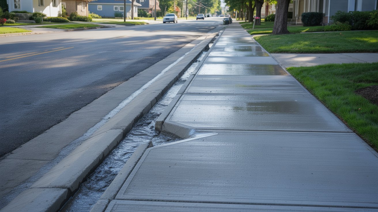 Concrete sidewalk built with proper slope for water drainage.