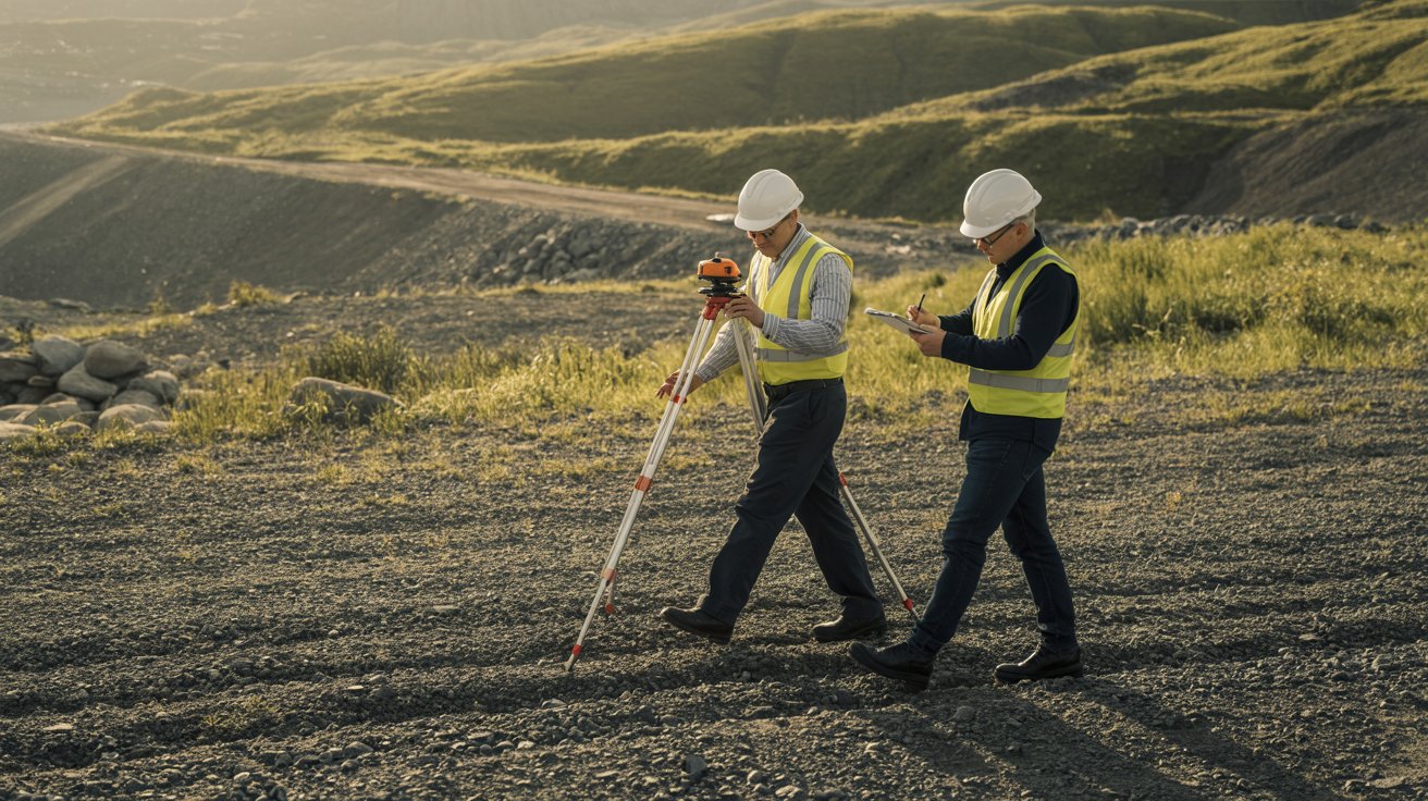 Workers inspecting land before site preparation begins.