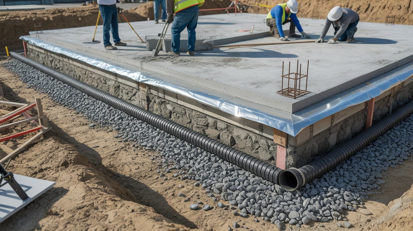 Gravel subbase and drainage system installed under a slab foundation.