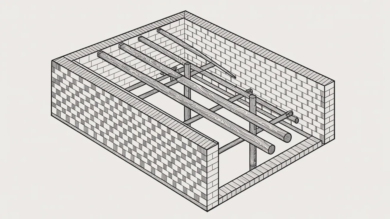 Cross-section of joisted masonry construction with brick walls and wood joists 