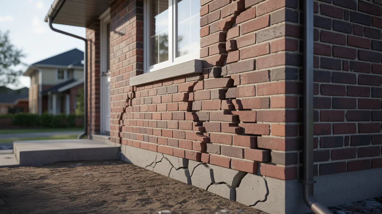 Stair-step cracks running through mortar joints in a residential brick wall