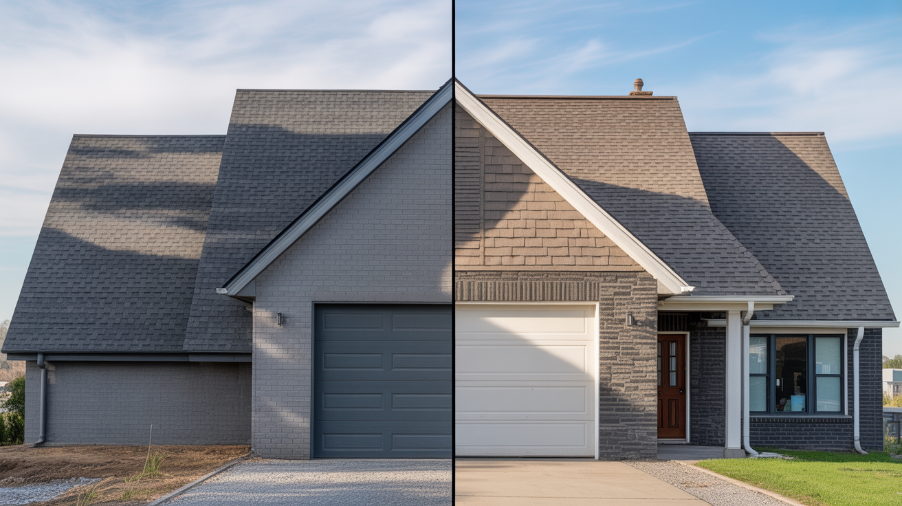 Side-by-side comparison of a home with 3-tab shingles and architectural shingles on the roof.
