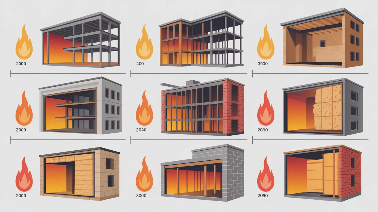 Infographic comparing fire resistance and fire risk across six building construction types.
