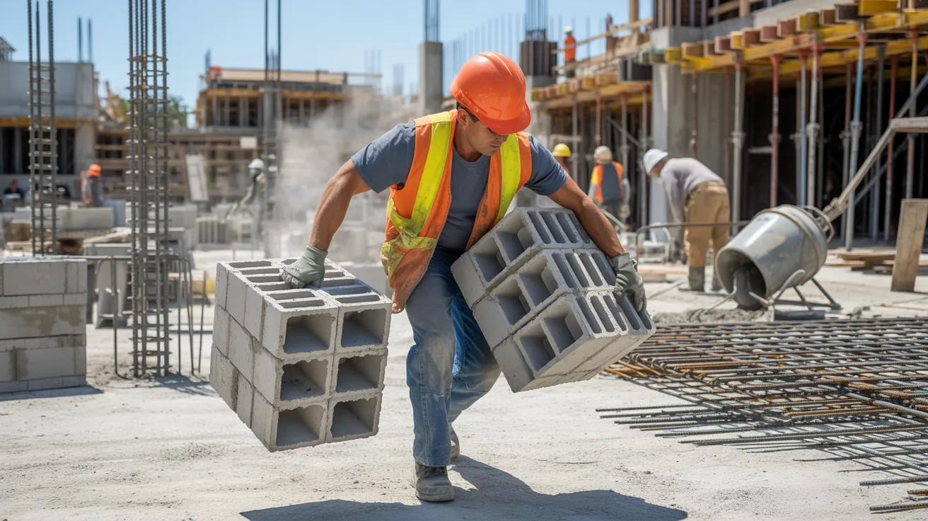 Worker comparing the weight of cinder and concrete blocks