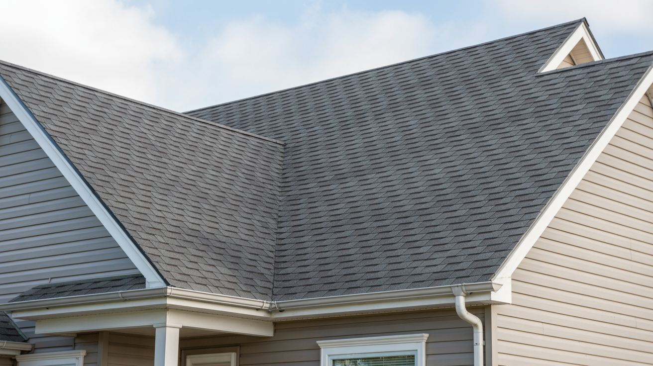 Traditional home roof installed with standard 3-tab asphalt shingles.