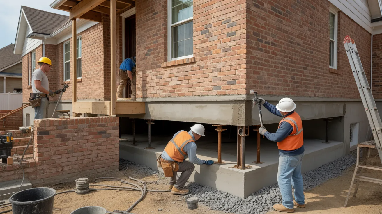 Foundation expert inspecting serious step cracks in a brick wall