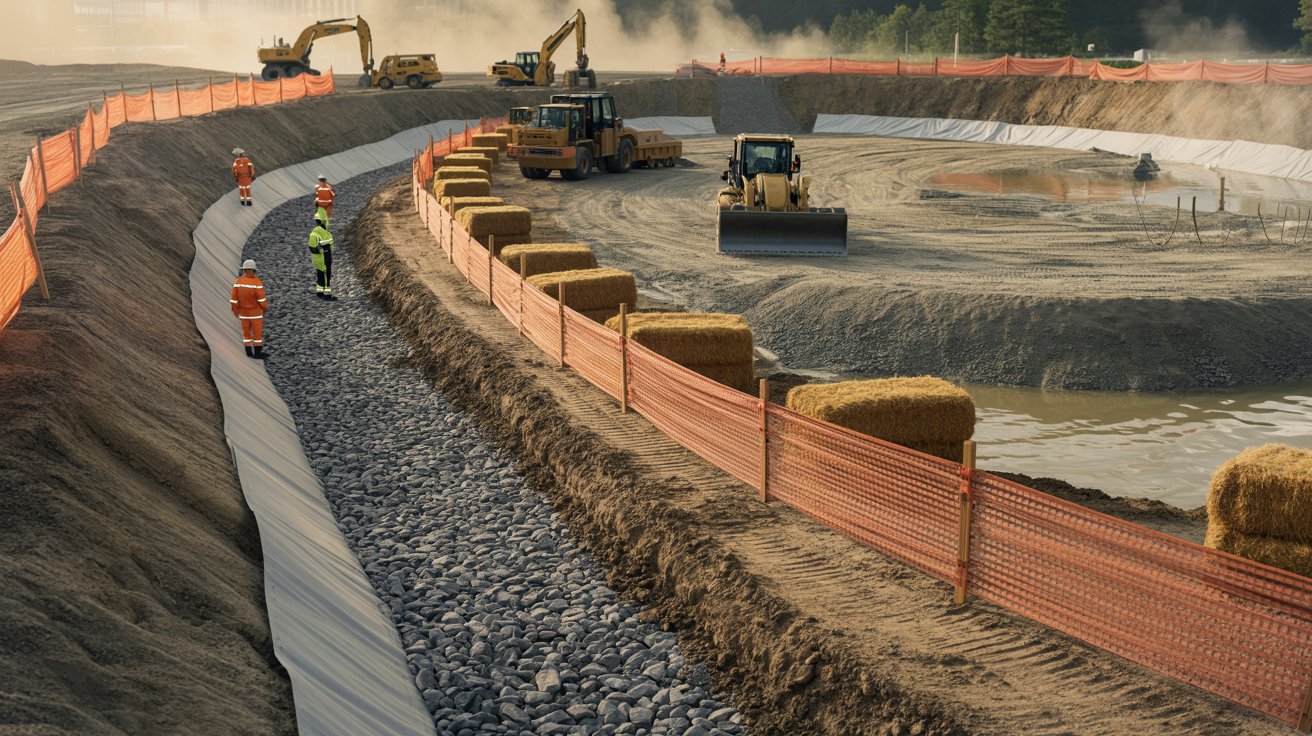 Drainage and erosion control systems installed on a construction site