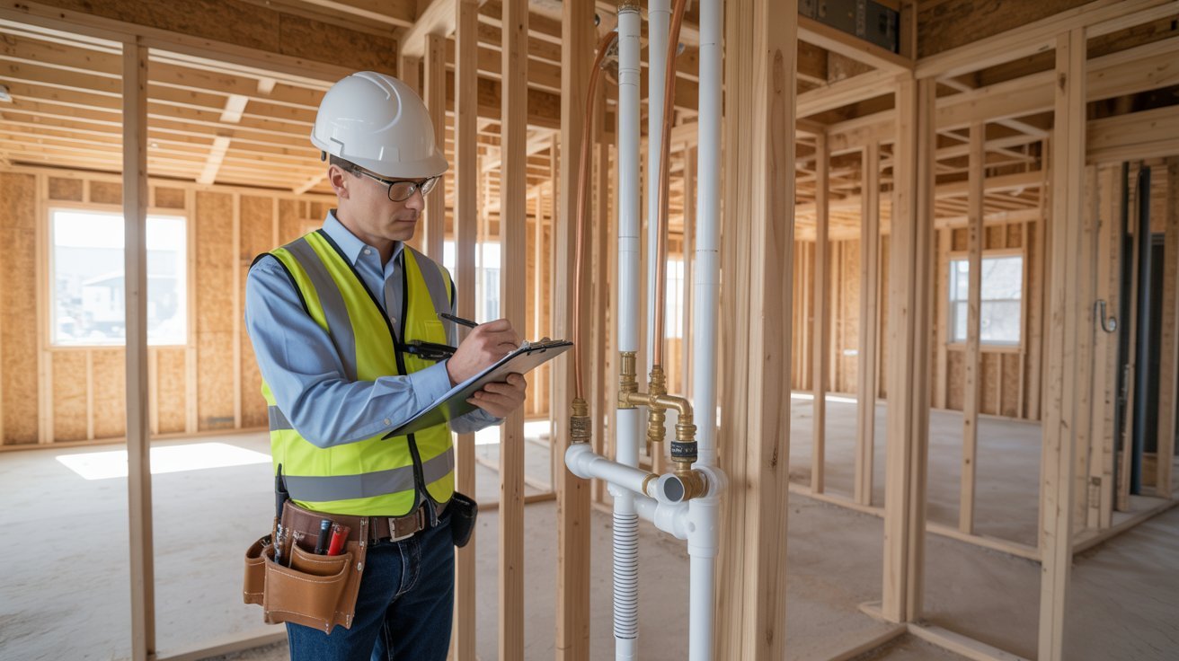 Inspector checking plumbing installation for building code compliance.