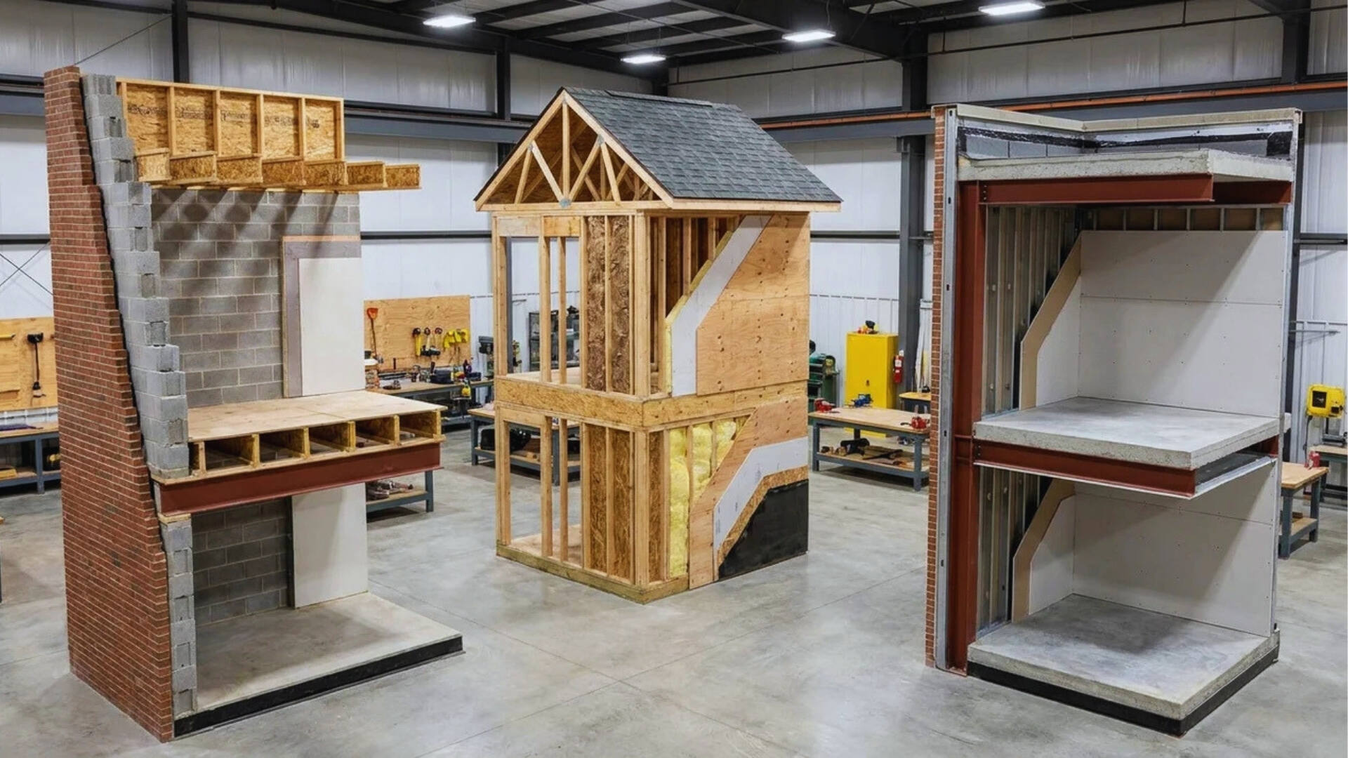Building sections showing different wall, floor, and roof construction systems.