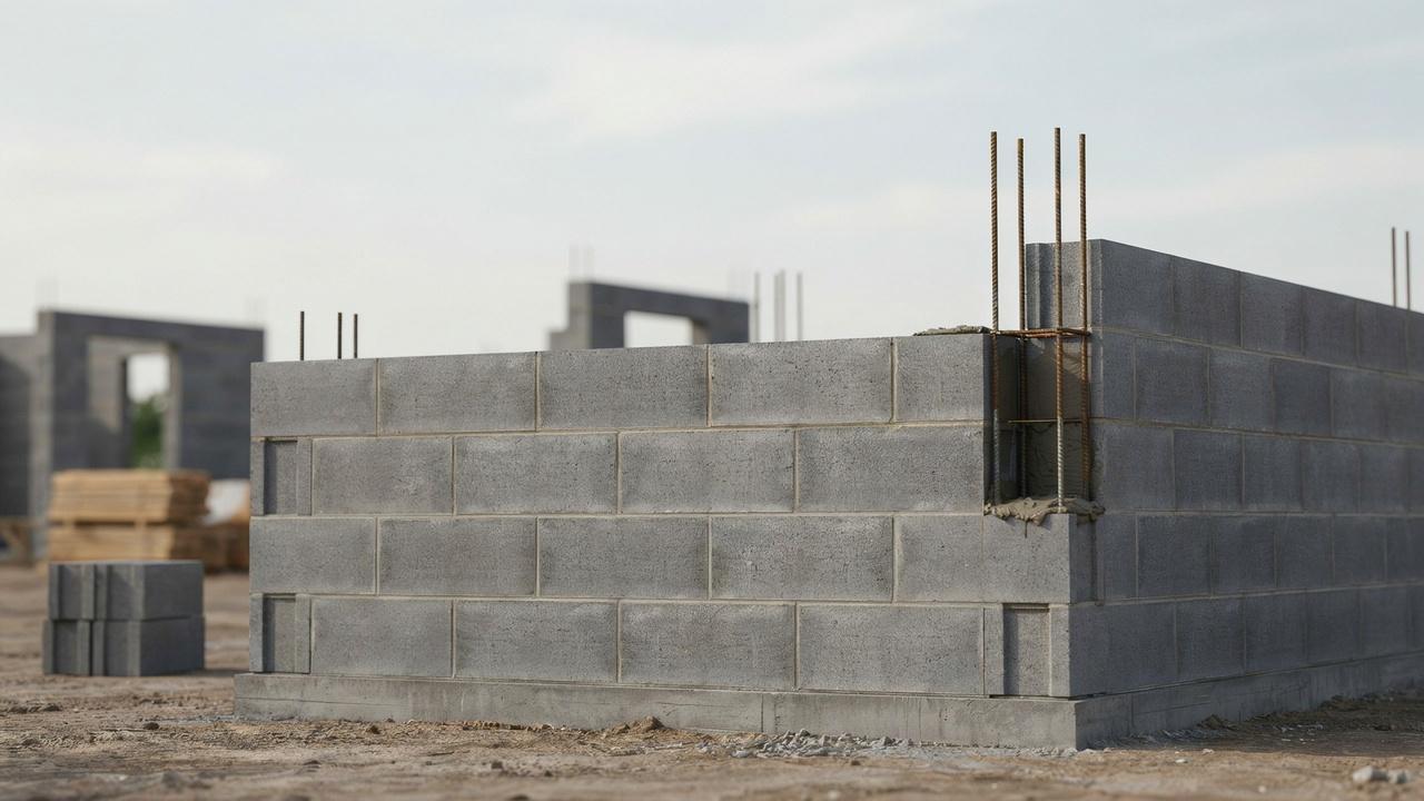CMU wall construction showing reinforced concrete masonry blocks, mortar joints, and a solid foundation.