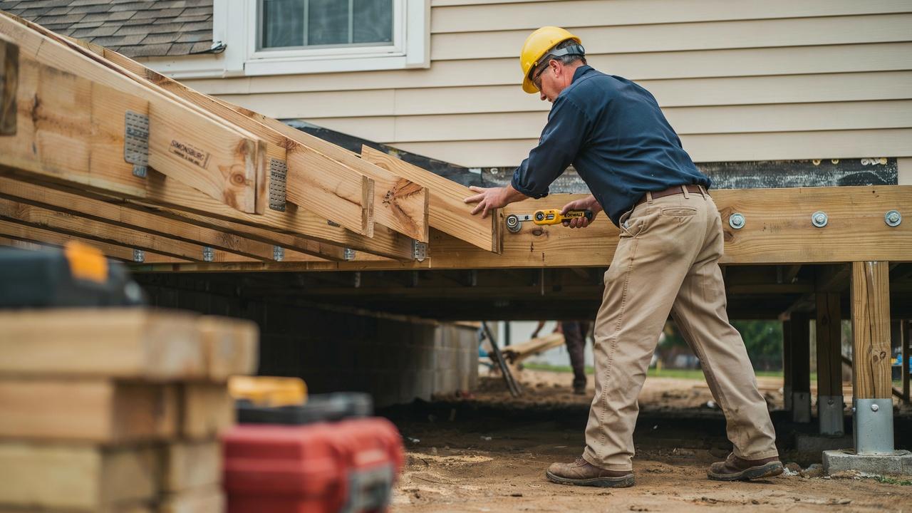 Roof ledger board connecting deck rafters securely to a residential house wall.