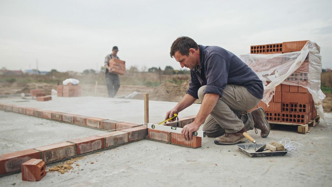 Loose bricks arranged on a foundation as a mason checks spacing and wall alignment before construction.
