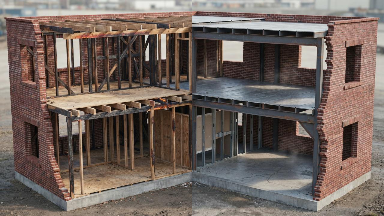 Fire resistance comparison shows combustible wood framing versus steel and concrete structural systems