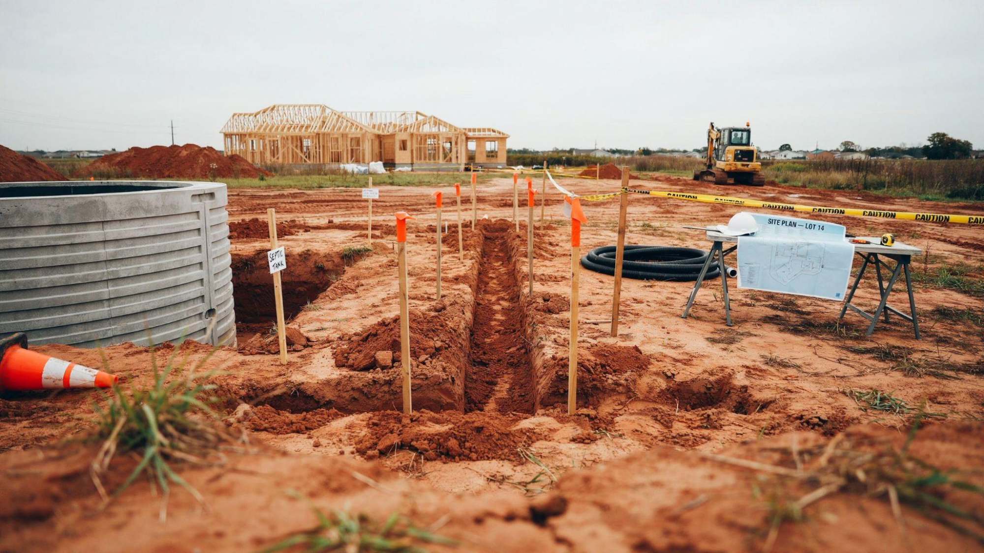 Septic tank with drain field trench, site plan, house framing at construction site