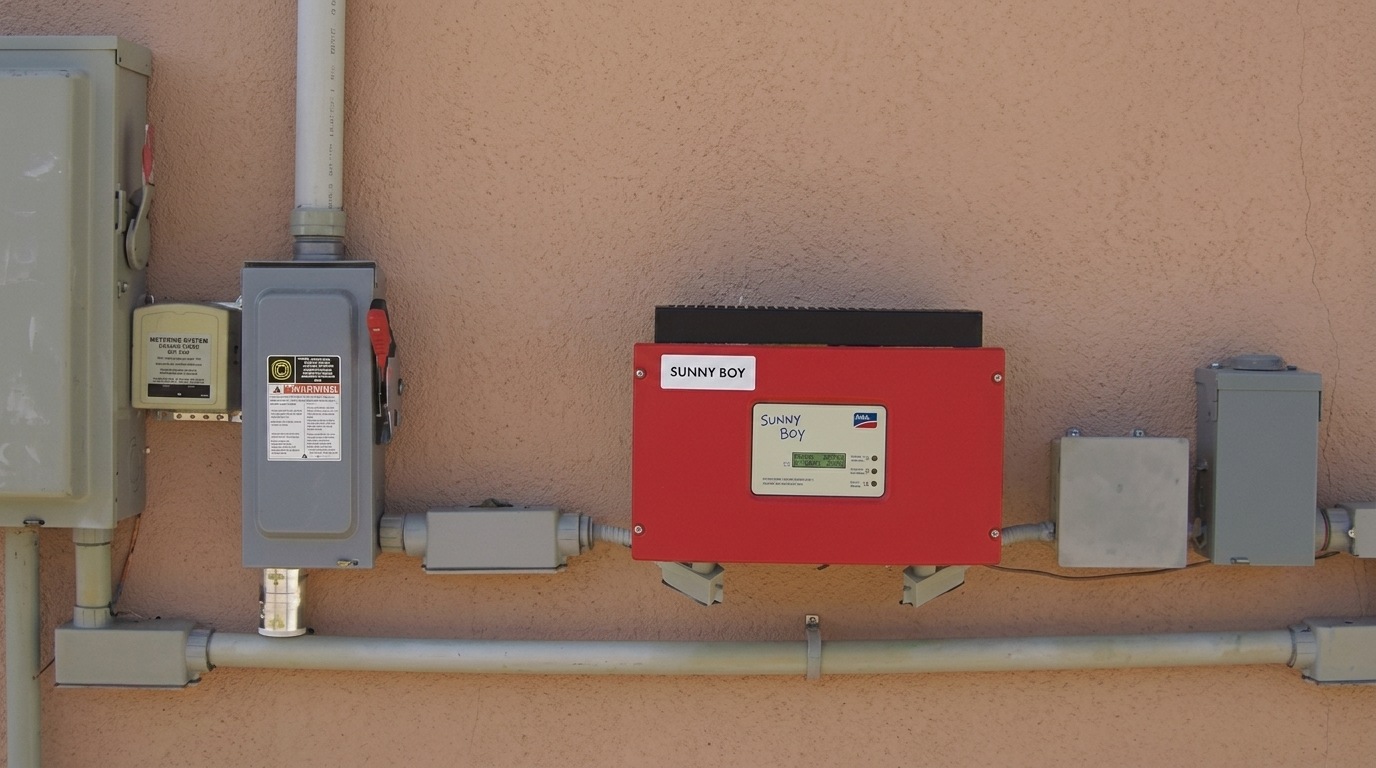Red Sunny Boy solar inverter with electrical disconnects and conduit on exterior wall