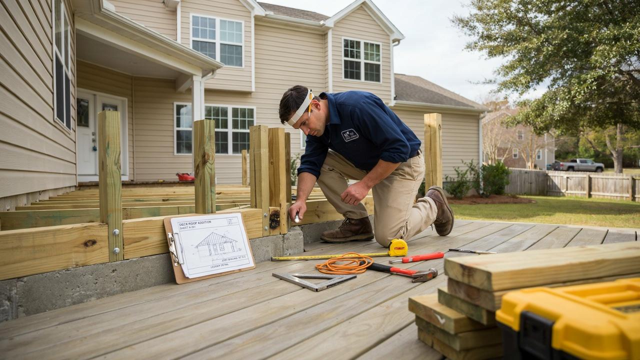 Contractor inspecting deck posts, beams, joists, and footings before roof construction.