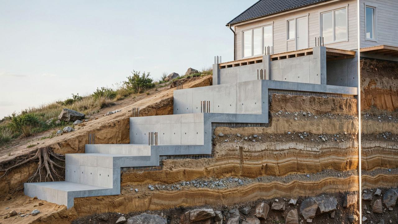 Stepped concrete footings supporting a building on a sloped residential site.