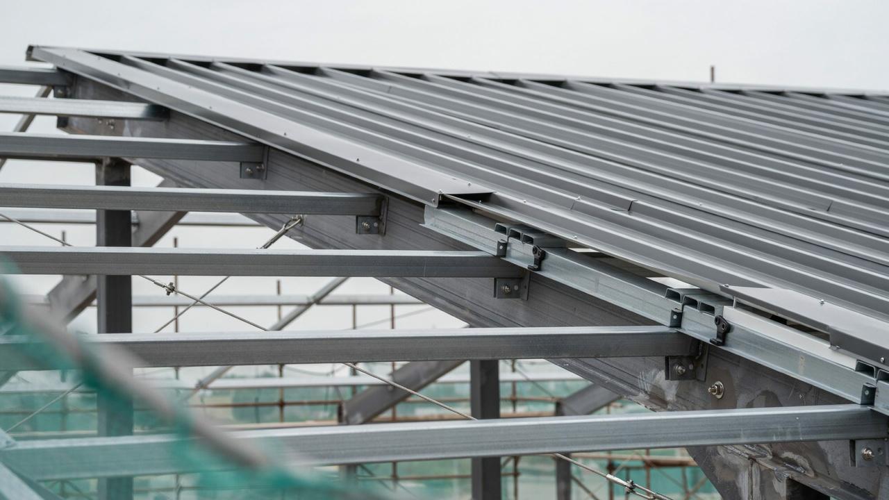 Horizontal purlins between primary steel frames in a roof structure.