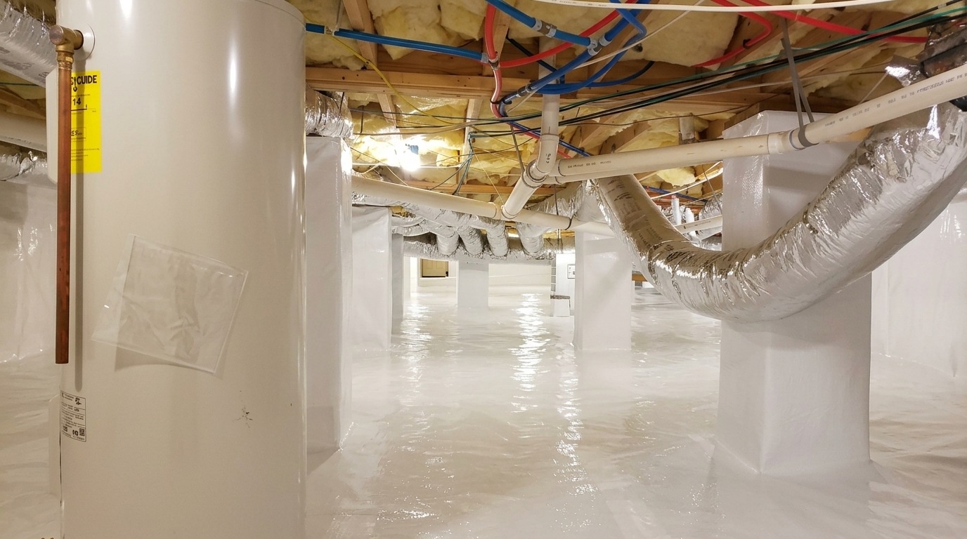 A clean encapsulated crawl space with a white liner on the floor and piers, colorful plumbing pipes, ductwork, and a water heater visible overhead.