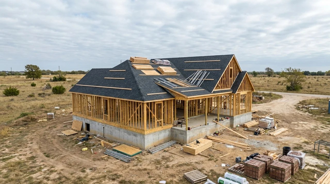 Home construction project on owned land showing foundation, framing, materials, and surrounding lot.