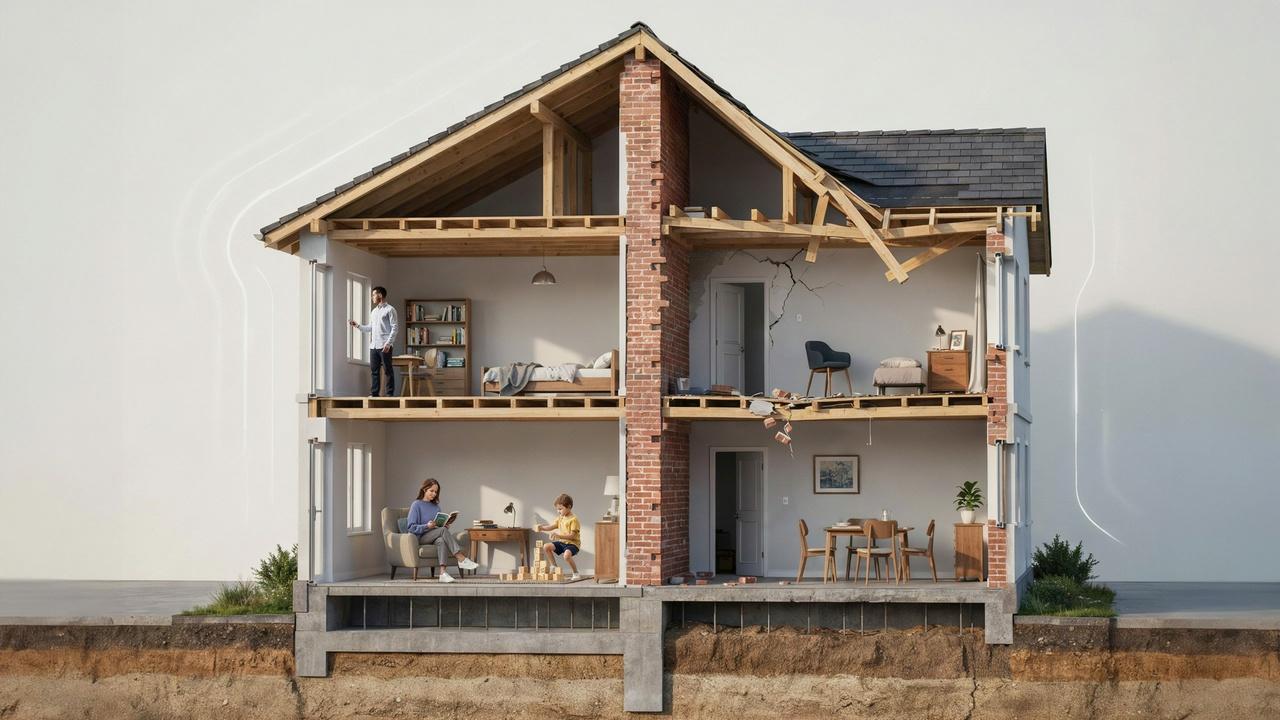 Load-bearing wall supporting floors and roof while transferring structural loads into the foundation.