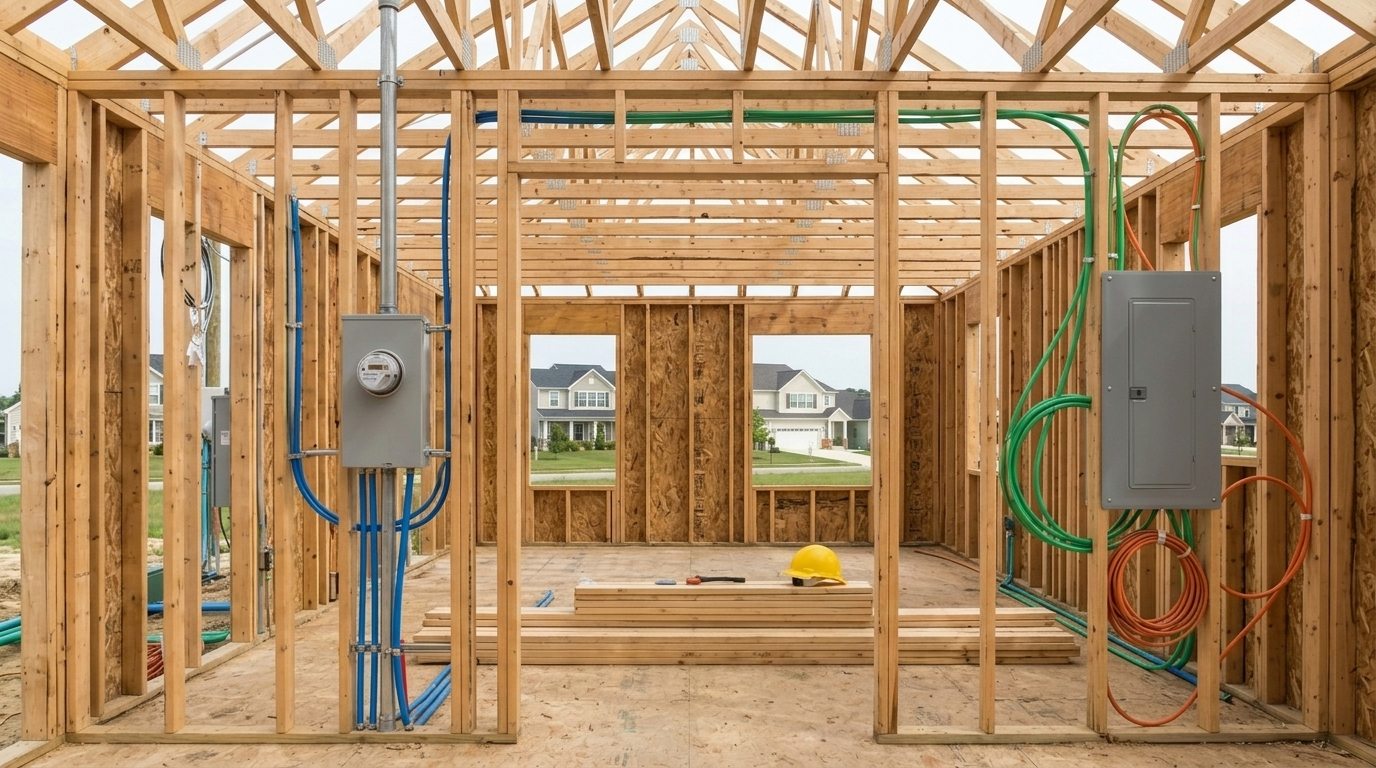 House wood framing with electrical panel, meter, colorful conduit wiring on construction site interior