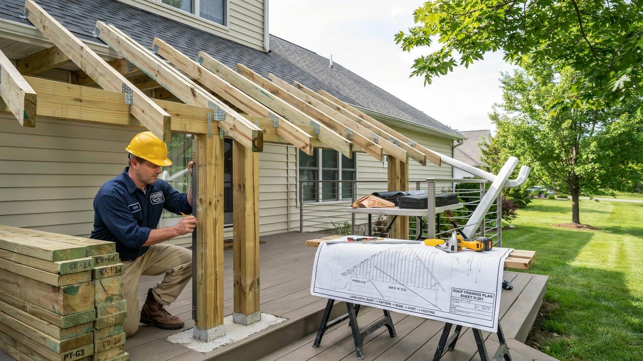 Contractor planning deck roof structure, materials, framing, gutters, and drainage system.