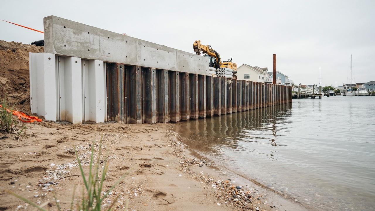 Steel sheet pile seawall under construction along sandy shore with excavator, concrete cap, houses and boats.
