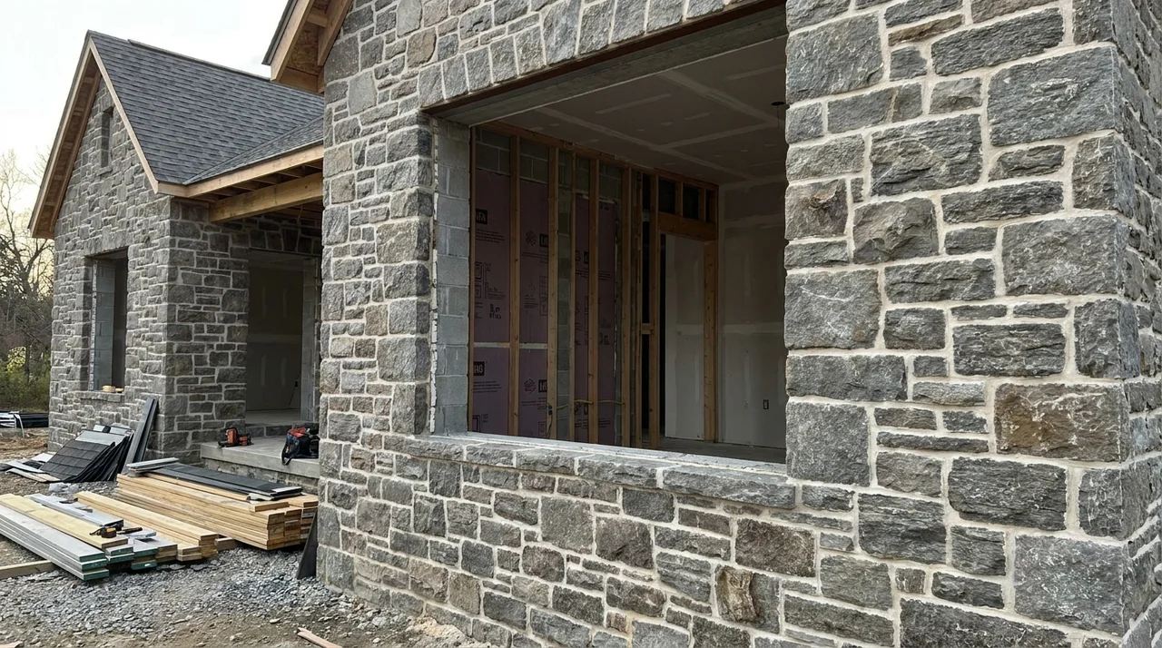 Finished stone house with sealed mortar joints, insulation, cavity wall, and completed roof.
