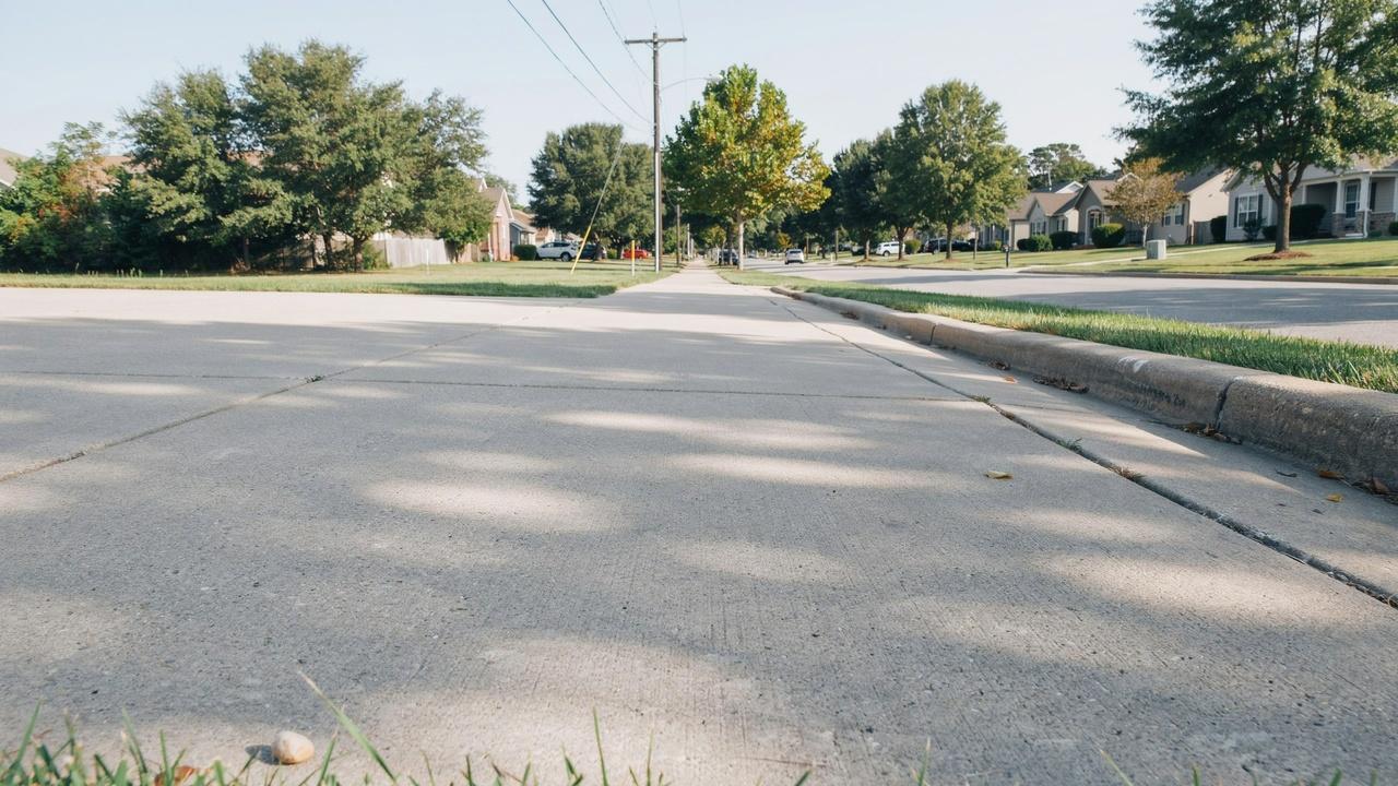 Wide-angle view of a standard concrete sidewalk in a modern residential neighborhood.