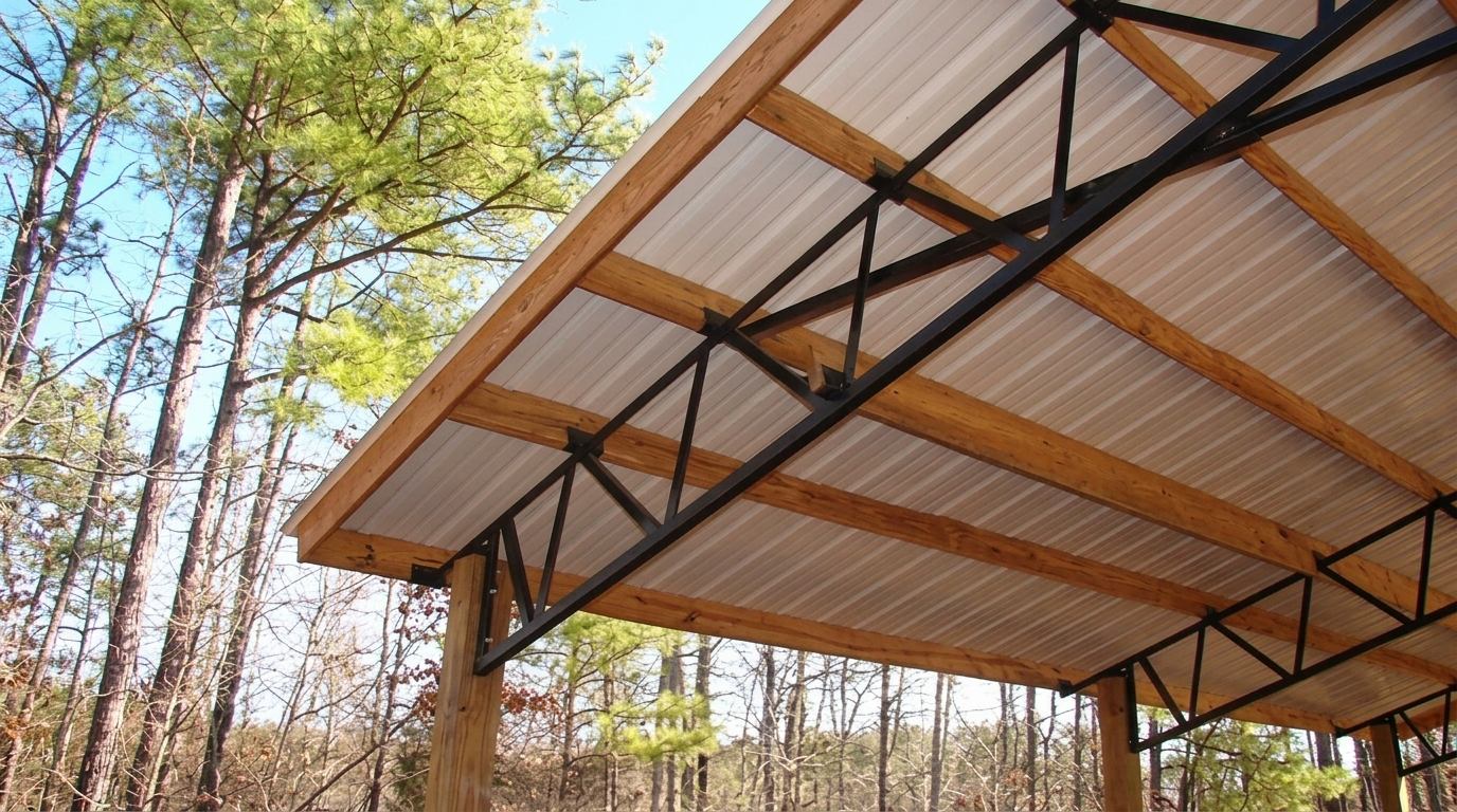 The underside of an open outdoor shelter with black steel flat trusses, wood posts, and a metal panel roof surrounded by pine trees.