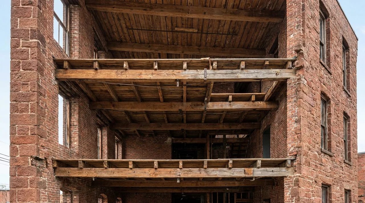 Cutaway joisted masonry structure showing brick walls and horizontal interior wood joists.