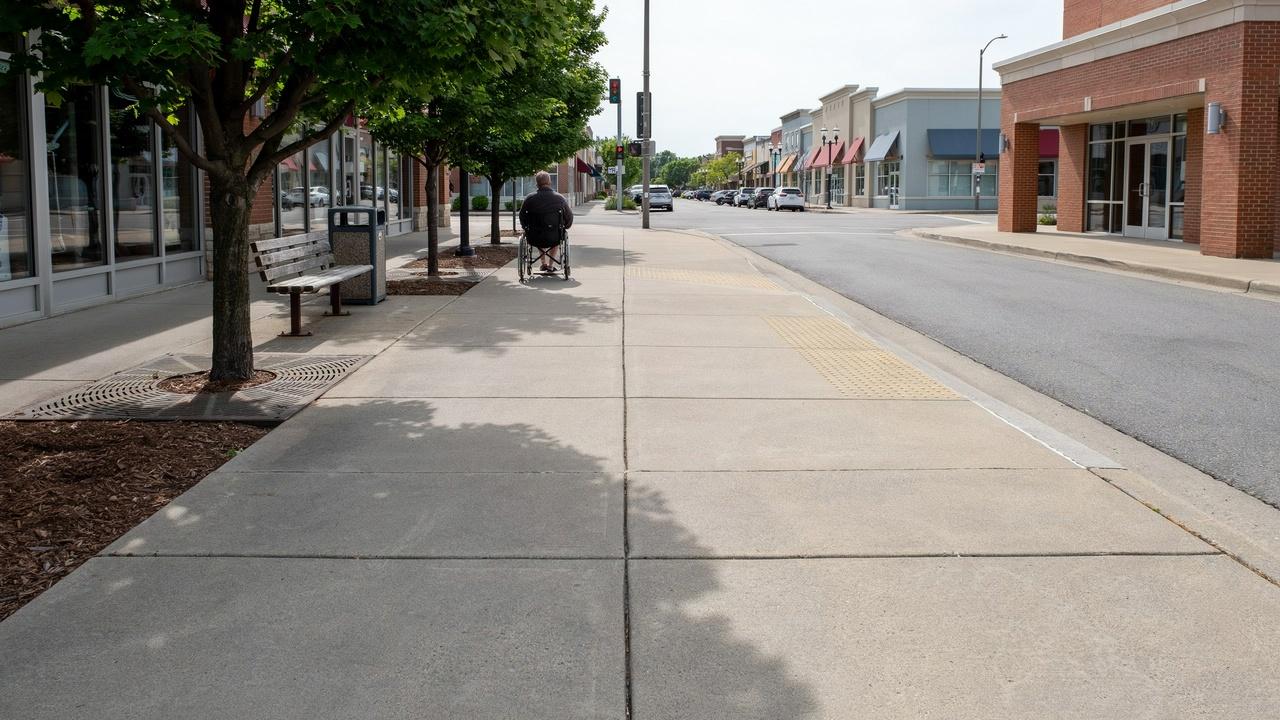 . Person in wheelchair on wide commercial sidewalk with tactile paving, benches, trees and storefronts.
