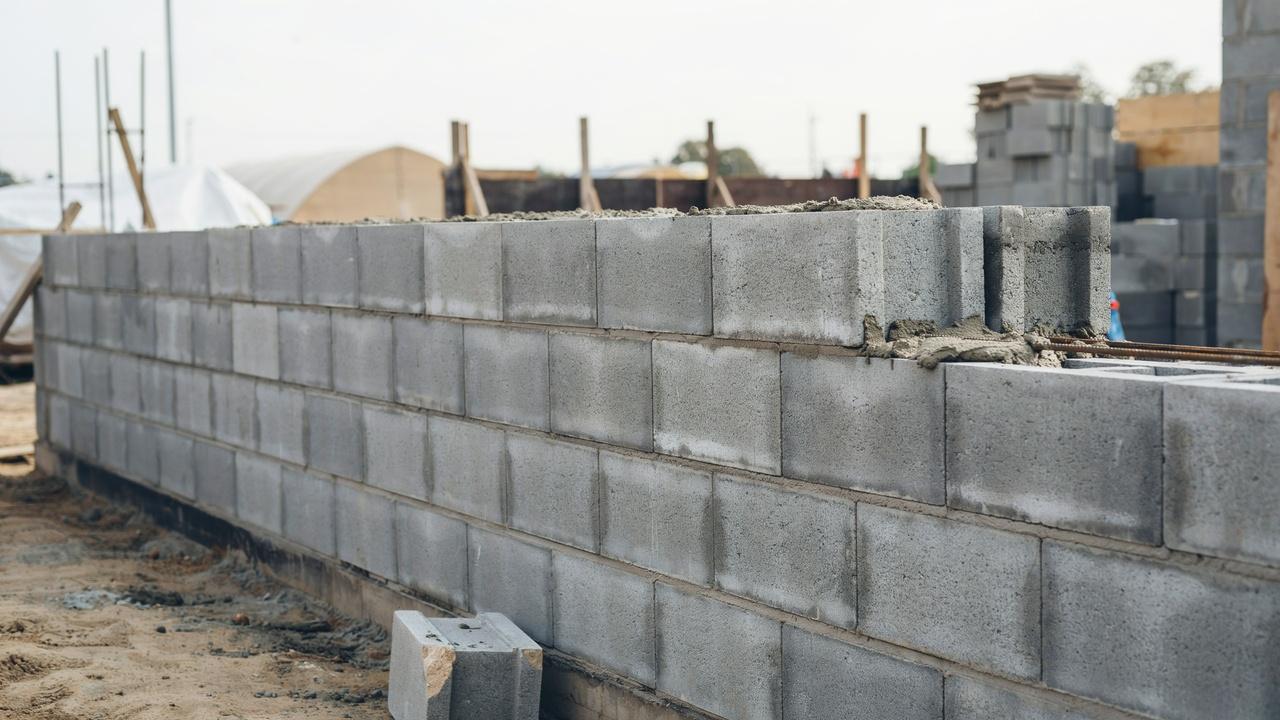 CMU wall construction showing stacked concrete blocks, mortar joints, and hollow block cores.
