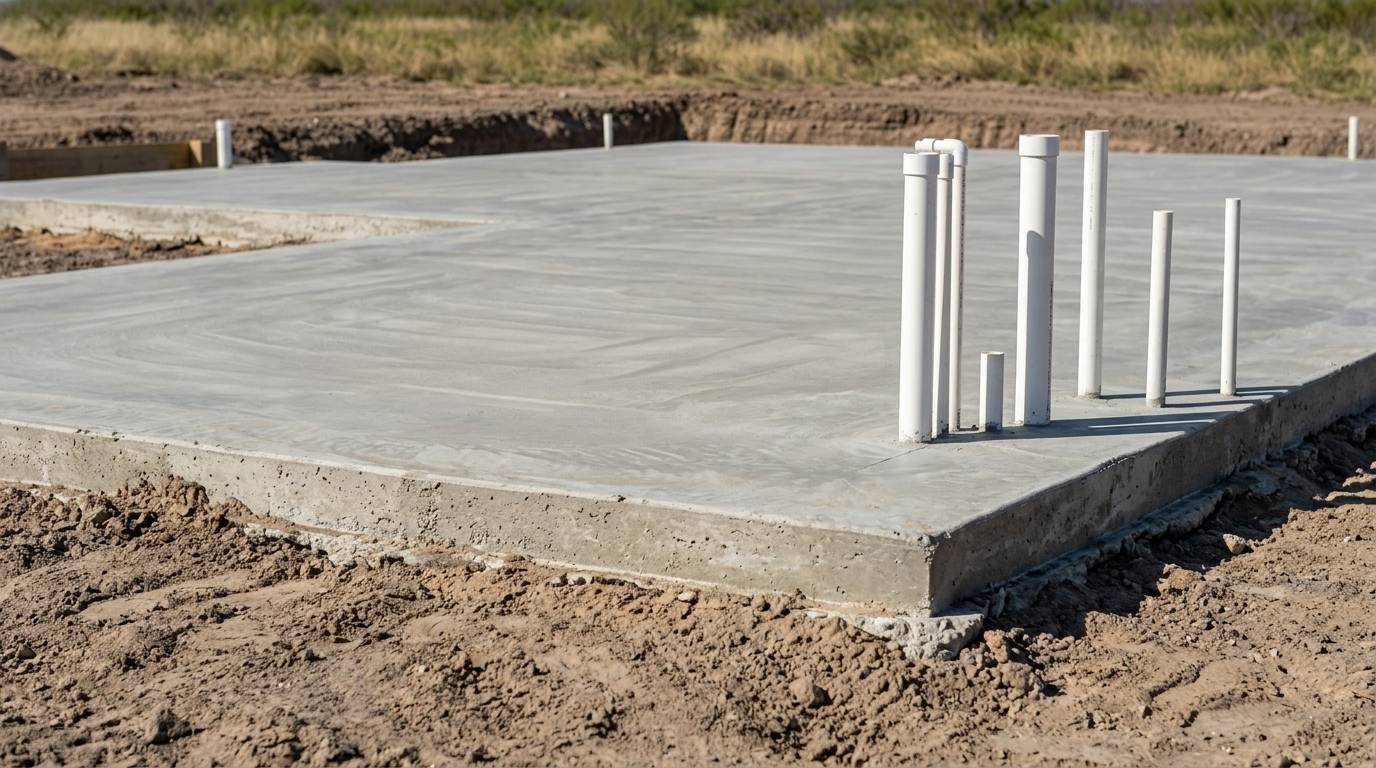 A close-up of a freshly poured concrete slab with white PVC plumbing pipes sticking up from the corner, surrounded by dry dirt on a construction site.