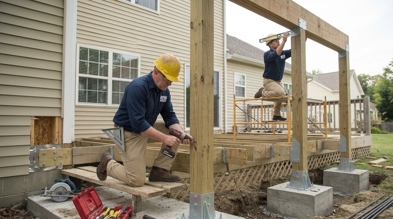Workers installing deck roof beam and ledger securely against house framing.