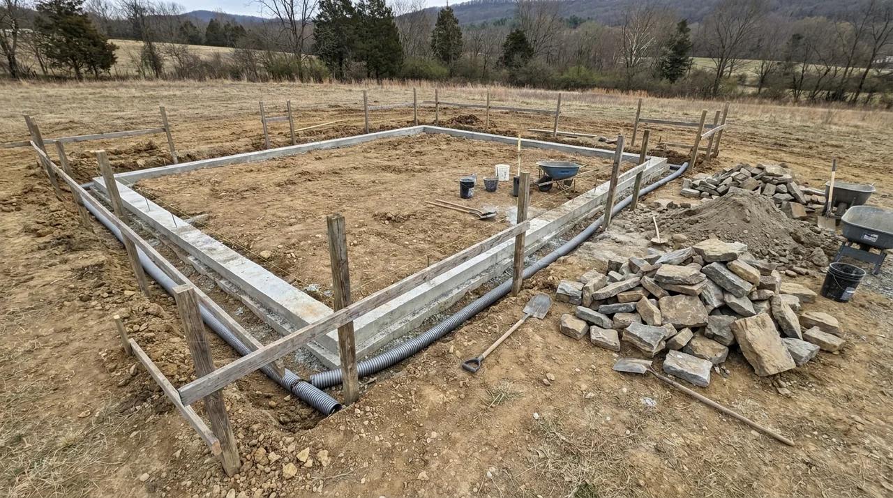 Stone house foundation prepared on a cleared construction site with drainage and concrete foundation walls.