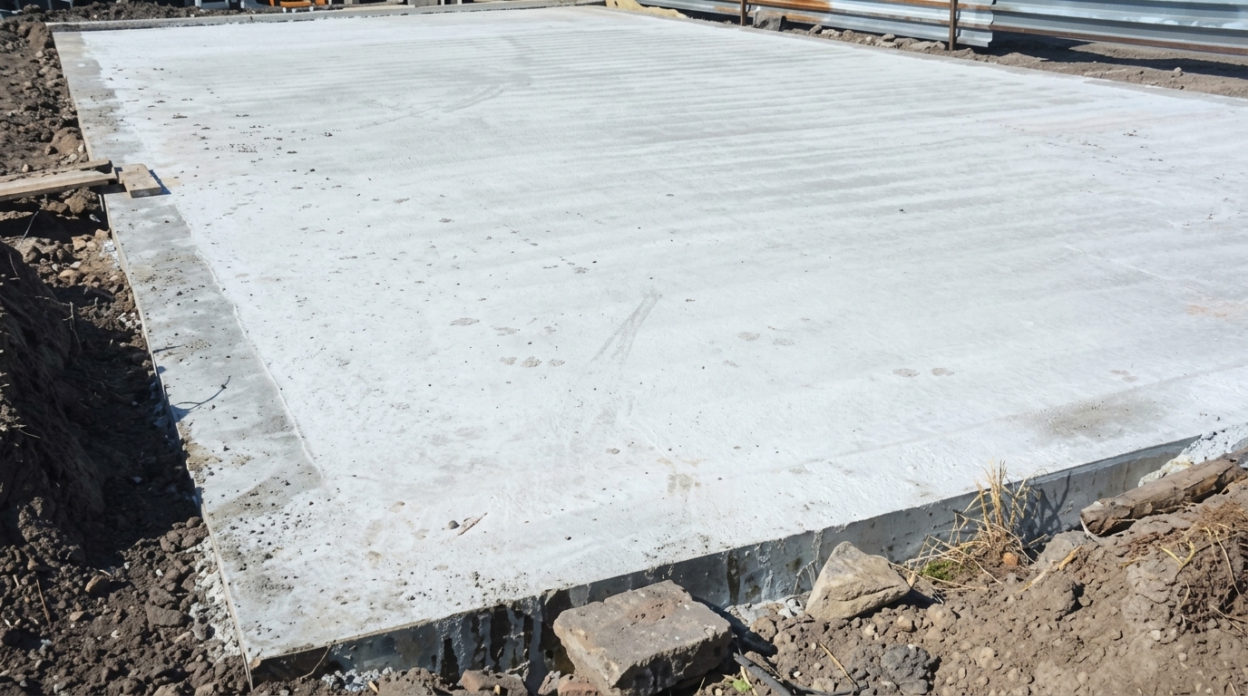 A freshly poured concrete slab foundation sitting on a construction site with rocks and soil around the edges.