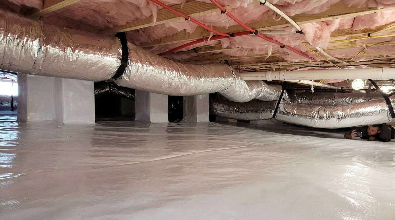 A crawl space with a white vapor barrier on the floor, silver insulated ducts overhead, and pink insulation between the floor joists.