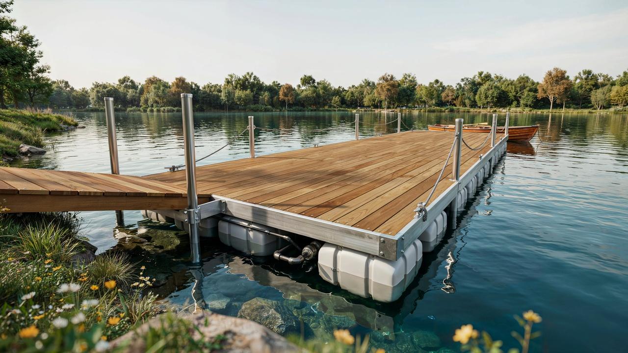 Floating dock construction with a buoyant platform, support frame, decking, and shoreline access ramp.