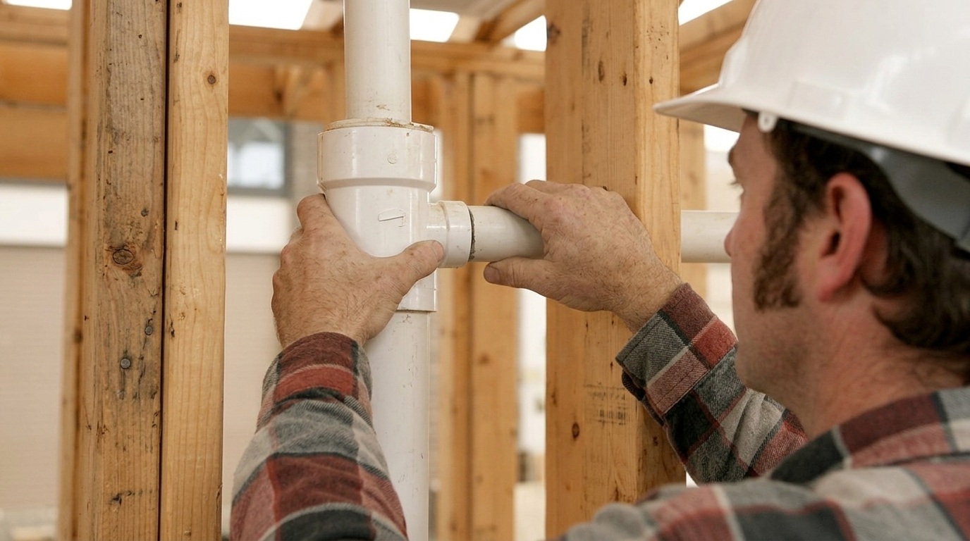 A plumber in a hard hat and flannel shirt fitting a white PVC pipe into a drain fitting inside a wood-framed wall during new home construction.