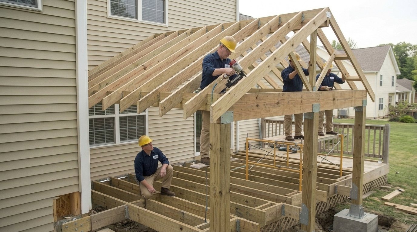 Workers installing rafters, bracing, and hurricane ties for a deck roof.