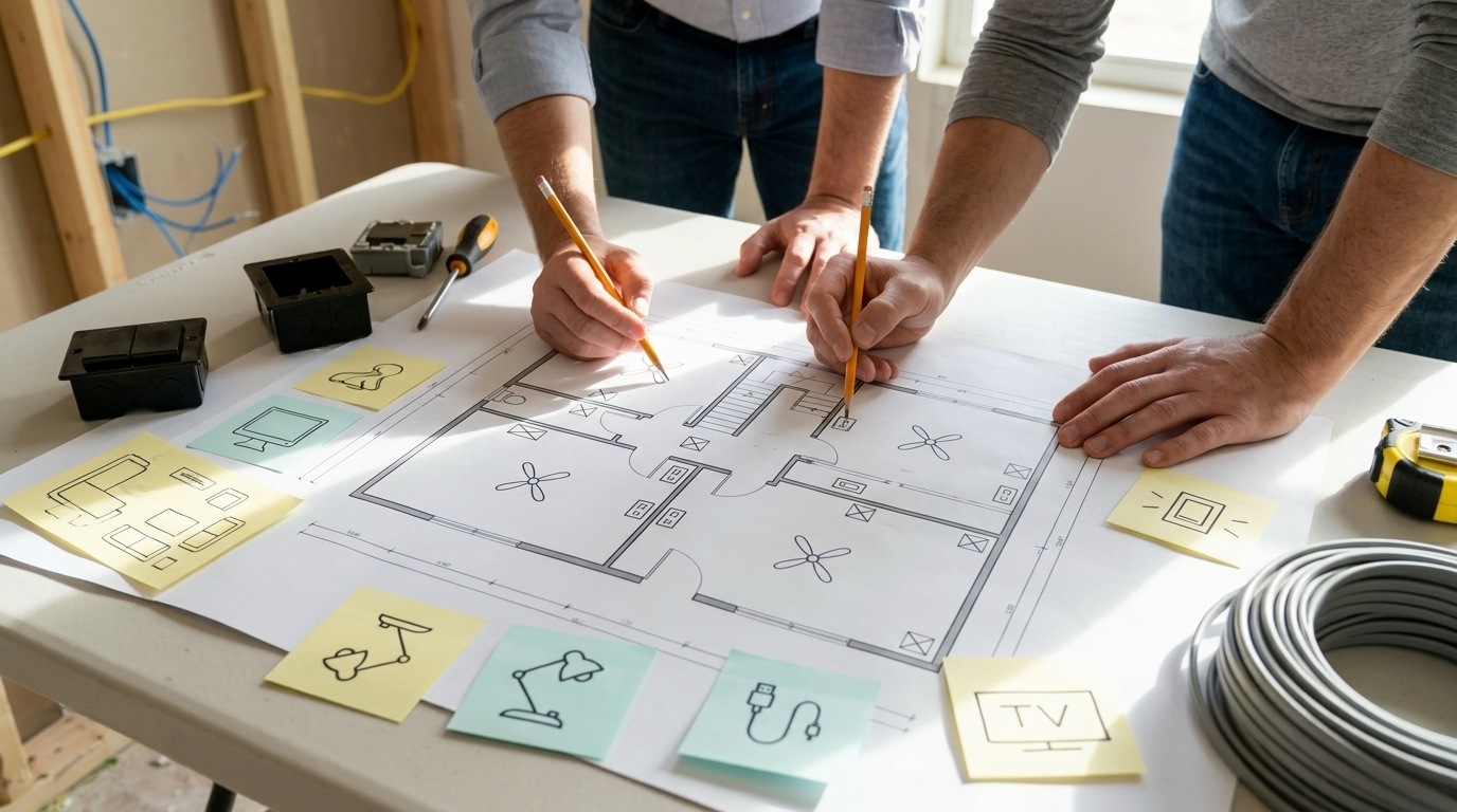 Two people planning electrical layout on house floor plan with lighting outlet notes