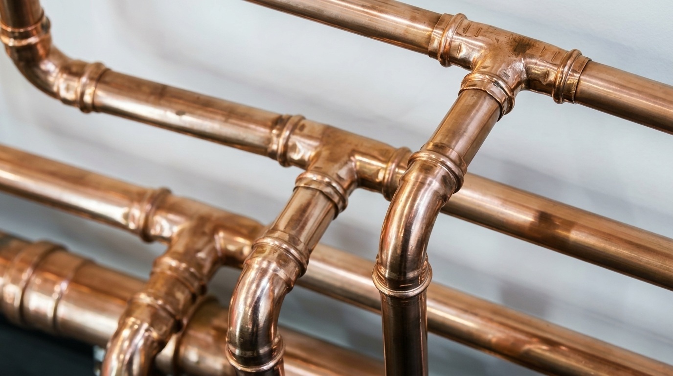 A close-up of neatly soldered copper pipe fittings and tee joints running parallel against a light grey background.